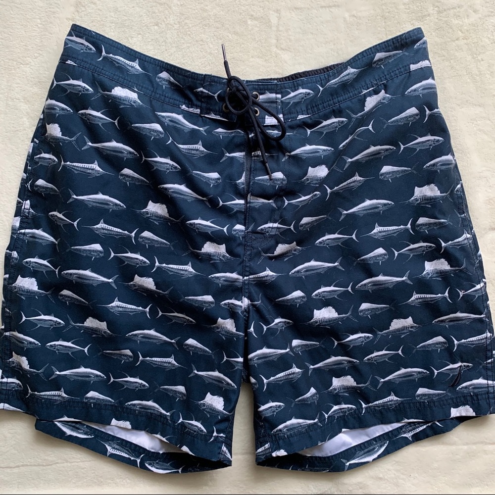 Nautical Large Fish Print Swim Trunks